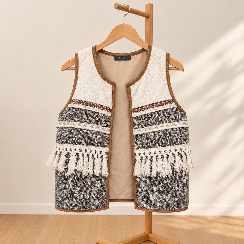 THML Boho Tassel Fringe Knit Vest Brown Grey Cream Western Embroidered Small - Picture 2 of 10